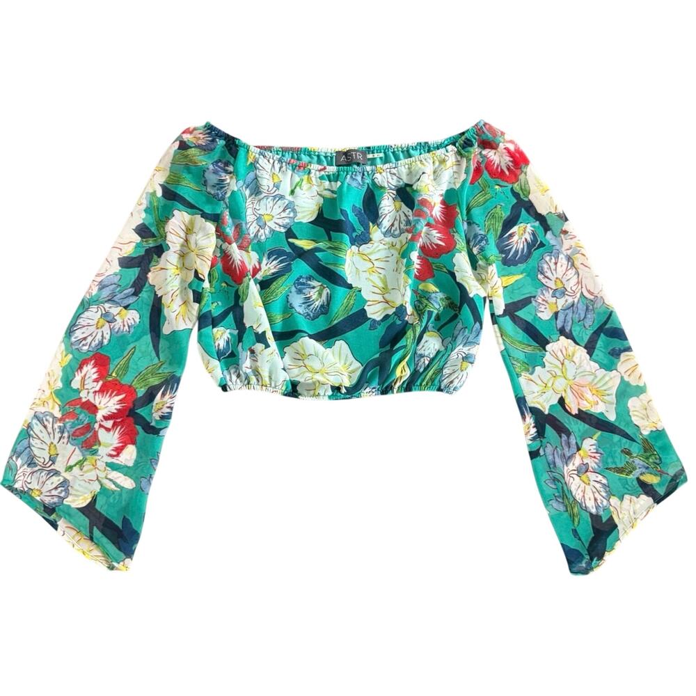 ASTR Off the Shoulder Floral Blouse Bell Sleeve Top Size Small Green Yellow Red